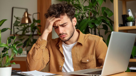 A young man experiencing stress while working at a home office. Surrounded by plants and a laptop, he reflects on his workload amid a busy lifestyle.の素材