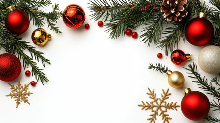 A vibrant arrangement of Christmas decorations featuring colorful ornaments, pine branches, and snowflakes, perfect for holiday-themed designs and compositions.の素材