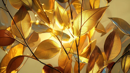 A stunning close-up of golden leaves illuminated by soft light, creating a warm and inviting atmosphere. Perfect for nature and design themes.の素材