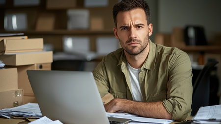 A young man sits at a desk in an office, intently focused on his laptop, surrounded by stacks of paperwork. The scene depicts concentration and determination in a professional environment.の素材