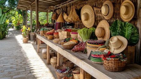 Explore a vibrant marketplace filled with handcrafted goods and traditional artistry. Colorful baskets and hats reflect local culture in a sunny outdoor setting.の素材