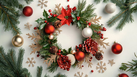 A beautifully arranged holiday wreath featuring red ornaments, pine cones, and green foliage. Perfect for adding a festive touch to any home or celebration.の素材