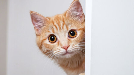 A curious red cat peeks around a white corner, showcasing its big expressive eyes and fluffy fur. This adorable moment captures the cat's playful spirit and charm.の素材