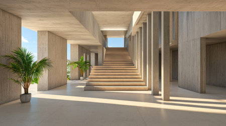A stunning modern architectural interior featuring a bright, spacious area highlighted by a prominent staircase and columns, emphasizing clean lines and minimalist design.の素材