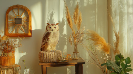 A tranquil living room scene featuring a decorative owl surrounded by dried plants. Soft sunlight filters through the window, creating a warm ambiance ideal for home decor inspiration.の素材