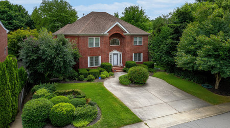 A beautiful red brick house with a well-maintained garden and spacious driveway. Lush greenery surrounds the home, creating a serene and inviting atmosphere.の素材