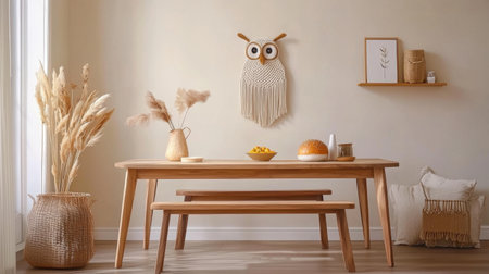 A cozy modern living room featuring a wooden table, bench, decorative owl on the wall, and a warm ambiance created by soft lighting and natural decor.の素材