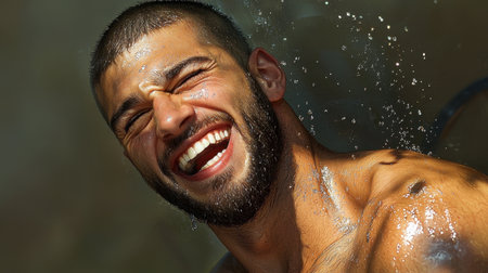 A joyful man laughs under shimmering water droplets, capturing pure happiness and spontaneity in a vibrant outdoor setting filled with sunlight.の素材