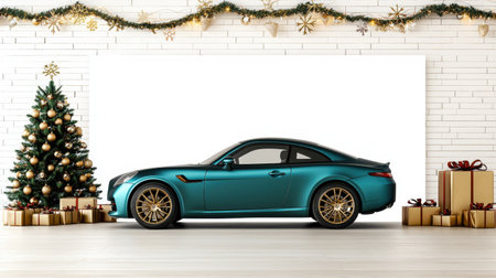 A beautiful and sleek sports car showcased in a festive holiday setting, featuring a Christmas tree and carefully wrapped gifts. Perfect for seasonal imagery.の素材