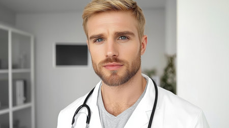 A young male doctor stands confidently in a modern clinic. He wears a white coat and stethoscope, embodying professionalism and approachability in a healthcare setting.の素材