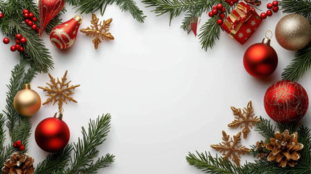 A beautiful arrangement of festive Christmas decorations featuring red and gold ornaments, pine foliage, and sparkling details for a cheerful winter holiday atmosphere.の素材