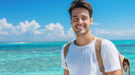 A young man enjoys a sunny day at the beach, smiling bright against the stunning blue ocean. He embodies happiness and adventure, perfect for travel-themed projects.の素材