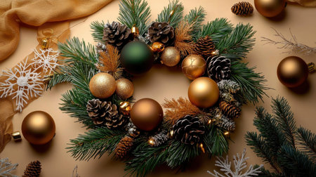 A beautifully arranged Christmas wreath featuring pine cones and shiny ornaments on a warm table surface, perfect for holiday decor and festive celebrations.の素材