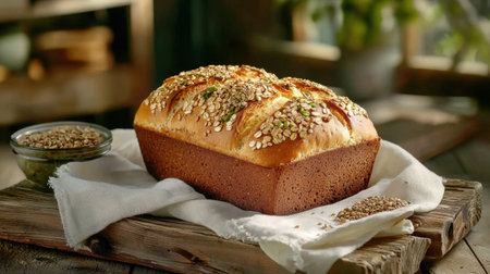 A beautifully presented loaf of bread topped with pumpkin seeds and oats. Perfect for gourmet meals, snacks, or breakfast, and ideal for sharing.の素材