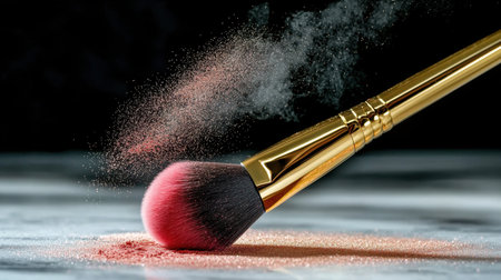 A close-up image of a makeup brush coated with blush powder, capturing the moment of powder release. This photo highlights the beauty and artistry in makeup application.の素材