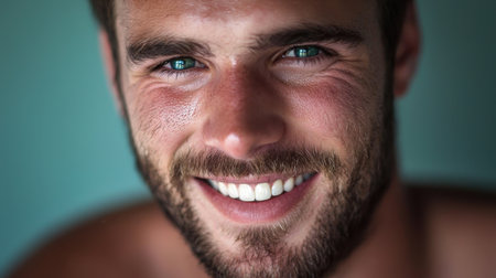 A close-up portrait of a smiling man with a beard, highlighting his joyful expression and bright teeth. The image captures a warm and engaging personality.の素材