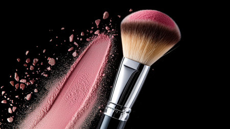A stunning close-up of a professional makeup brush alongside blush powder on a black background, showcasing vibrant color and elegance. Perfect for beauty enthusiasts.の素材