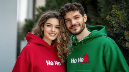 Joyful couple wearing holiday hoodies stands together outdoors, radiating happiness and warmth. Their cheerful expressions capture the spirit of the season.の素材