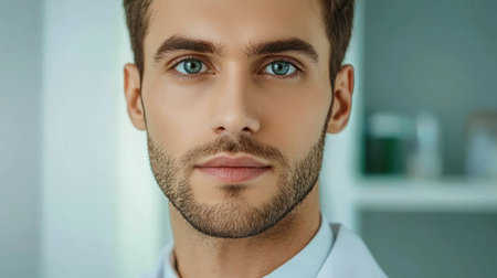 This portrait features a young male doctor with a serious expression, showcasing professionalism in a modern clinic. His clear blue eyes convey trust and confidence in the healthcare field.の素材