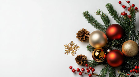 Celebrate the holiday season with this charming arrangement of festive ornaments, pine branches, and natural elements, perfect for seasonal dの素材