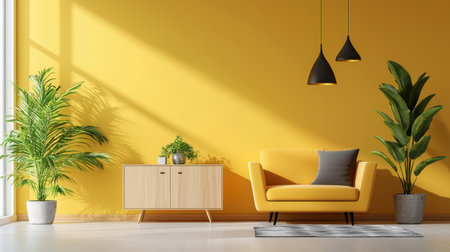 A stunning interior featuring a vibrant yellow wall, stylish seating, and lush plants, creating a warm and inviting atmosphere perfect for contemporary living spaces.の素材