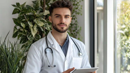 A confident young male doctor stands with a tablet in a bright, modern office filled with plants. This image captures the essence of healthcare and professionalism.の素材