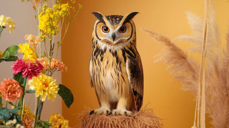 This image features a majestic owl perched amidst vibrant flowers against a warm background, showcasing the beauty of wildlife and nature in a colorful arrangement.の素材