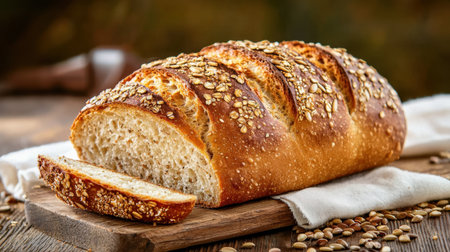 A beautifully crafted loaf of bread topped with oats, resting on a wooden board. Perfect for food styling, this image captures the essence of homemade goodness.の素材