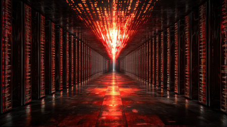 A futuristic corridor inside a digital data center, featuring vibrant red lighting and sleek reflections, creating a high-tech atmosphere of innovation and energy.の素材