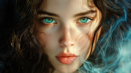 Captivating portrait of a young woman with vibrant green eyes and curly hair, evoking emotion and beauty in dramatic lighting and rich textures.の素材