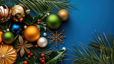 Festive arrangement featuring colorful ornaments, holly leaves, and pine, evoking a joyful Christmas spirit. Perfect for holiday-themed designs and projects.の素材