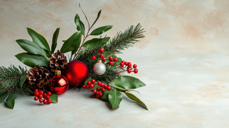A beautiful Christmas arrangement featuring rich greenery, vibrant ornaments, and pinecones, perfect for festive decoration and winter celebrations.の素材