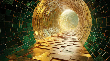 A stunning tunnel adorned with golden and green mosaic tiles, illuminated by natural light, creates an enchanting and abstract pathway that captivates the viewer.の素材