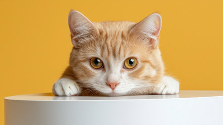 A charming ginger cat rests its paws on a white surface while gazing curiously at the viewer. The bright yellow background enhances the cat's adorable features, creating a striking and warm composition.の素材