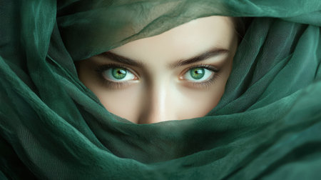 This close-up shot features a captivating woman with striking green eyes partially covered by a green veil. The image radiates beauty and mystery, showcasing delicate textures and serene emotions.の素材
