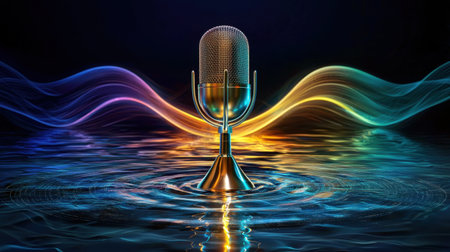 Stunning image of a microphone emerging from shimmering water, surrounded by colorful sound waves. Perfect for themes of music, creativity, and audio technology.の素材