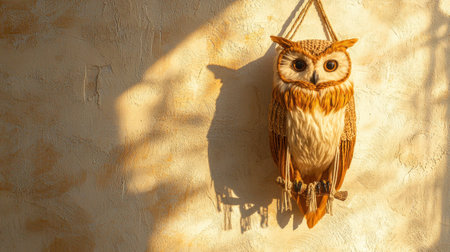 A lifelike owl figurine hangs against a textured wall, casting a soft shadow. This charming decorative piece adds warmth and character to any interior space.の素材