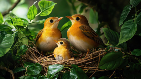 A captivating scene of three birds in a cozy nest, surrounded by lush green leaves. The image highlights the beauty of nature and the nurturing behavior of birds in their natural habitat.の素材