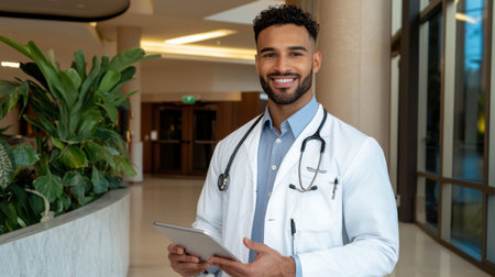 A confident male doctor stands in a modern hospital corridor, holding a tablet and smiling, showcasing a commitment to patient care and technology in healthcare.の素材