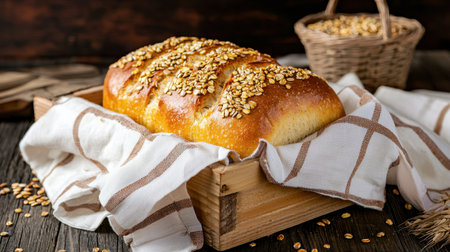 A beautifully baked loaf of bread topped with oats, presented in a rustic wooden basket. Ideal for culinary themes, baking, and food photography.の素材