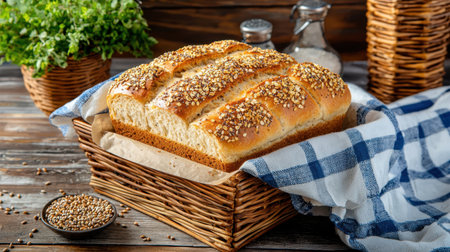 A beautifully baked loaf of bread with seeds, presented in a woven basket on a rustic wooden table. Perfect for showcasing homemade culinary delights.の素材