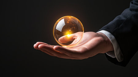 A hand elegantly cradles a glowing orb, symbolizing the radiant potential of innovation and creativity. This dynamic image captures the essence of imagination.の素材