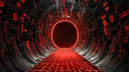 Explore a striking futuristic red tunnel filled with abstract technology and digital patterns, offering a captivating sci-fi ambiance perfect for creative projects.の素材