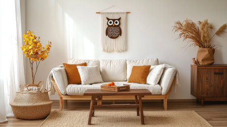 This inviting living room features a cozy sofa, warm colors, and natural decor elements. A charming owl wall hanging adds character, surrounded by stylish accessories.の素材