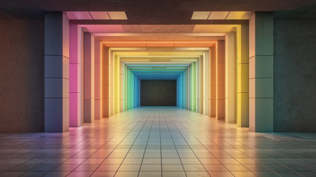 This captivating image features a vibrant neon rainbow hallway, showcasing colorful light effects and modern architecture. Perfect for visual projects.の素材