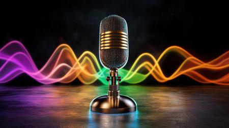 A vintage microphone stands prominently against a backdrop of colorful sound waves, representing music and audio performance in a stylish and artistic manner.の素材