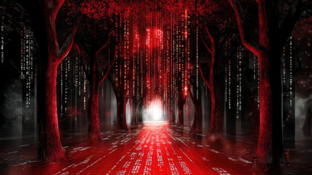 A mesmerizing view of a red forest featuring glowing trees and a digital pathway. The scene evokes mystery and a surreal ambiance, perfect for artistic projects.の素材
