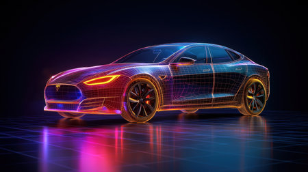 A visually striking digital render of a futuristic electric car featuring a neon wireframe design. Perfect for technology, automotive, and design projects.の素材