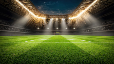 A breathtaking view of an empty football stadium featuring vibrant green grass and bright lights illuminating the field, ideal for sports-themed projects.の素材