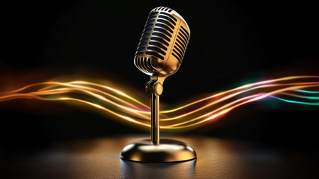 A stunning vintage microphone stands elegantly on a black surface, surrounded by vibrant waves of light, symbolizing music and artistic expression.の素材